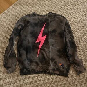 Aviator nation black/gray tie dye crewneck with pink lightning bolt